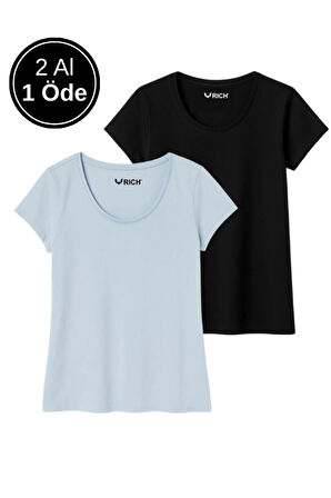 Kadın %100 Pamuk 2'li Paket Kısa Kollu Yuvarlak Yaka Tişört