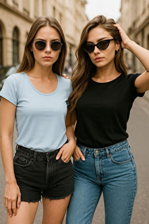 Kadın %100 Pamuk 2'li Paket Kısa Kollu Yuvarlak Yaka Tişört