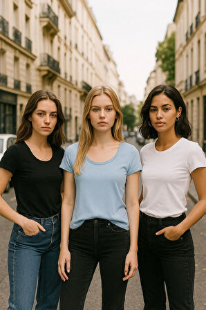 Kadın %100 Pamuk 3'lü Paket Kısa Kollu Yuvarlak Yaka Tişört