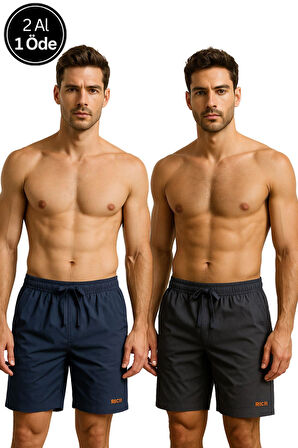 Erkek 2'li Paket Regular Fit Kısa Boy Cepli Beli Bağcıklı Düz Hafif Kumaş Deniz Şortu Mayo