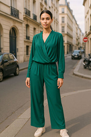 Yeşil Kruvaze Yaka Gömlek Pantolon Kadın İkili Takım - Modern Tasarım