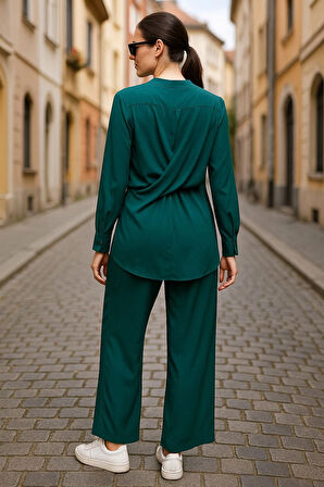 Yeşil Kruvaze Yaka Gömlek Pantolon Kadın İkili Takım - Modern Tasarım