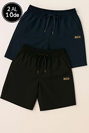 Erkek 2'li Paket Fit Kısa Boy Cepli Beli Bağcıklı Düz Hafif Kumaş Regular Deniz Şortu Mayo
