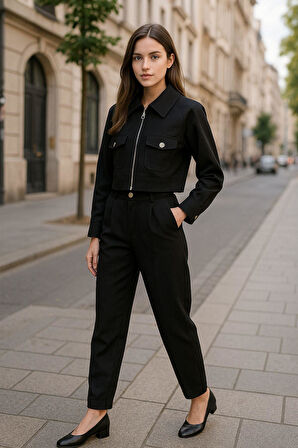 Siyah Gömlek Yaka Fermuarlı Kadın Alt Üst Takım – Şık ve Rahat Günlük Kombin