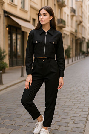 Siyah Gömlek Yaka Fermuarlı Kadın Alt Üst Takım – Şık ve Rahat Günlük Kombin