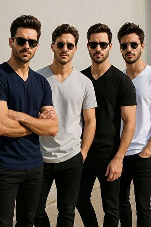 Erkek Siyah Beyaz Lacivert Gri %100 Pamuk 4'Lü Tişört Paketi