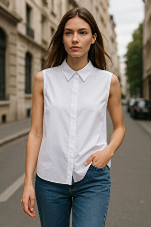 Kadın Beyaz Sıfır Kol Gömlek - Klasik Gömlek Yaka, Düğmeli, Şık ve Rahat Yazlık Bluz