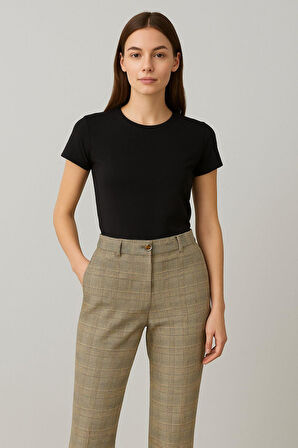 Kadın Kahverengi Çizgili Pantolon – Yüksek Bel, Havuç Paça, Rahat Kesim Günlük ve Ofis Şıklığ