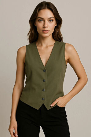 Kadın Keten Yelek – Düğmeli, Astarsız, V Yaka Yazlık Şık Yelek | Doğal Kumaş Rahat Kalıp