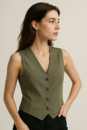 Kadın Keten Yelek – Düğmeli, Astarsız, V Yaka Yazlık Şık Yelek | Doğal Kumaş Rahat Kalıp