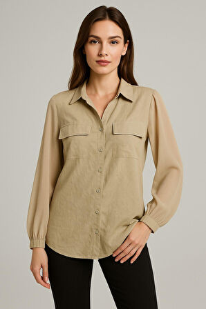 Kadın Bej Şifon Kol Gömlek - Düğmeli, Şık ve Zarif Tasarım | Günlük ve Ofis Kullanımına Uygun