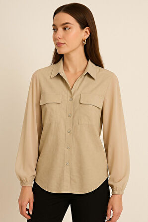 Kadın Bej Şifon Kol Gömlek - Düğmeli, Şık ve Zarif Tasarım | Günlük ve Ofis Kullanımına Uygun