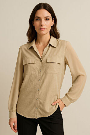 Kadın Bej Şifon Kol Gömlek - Düğmeli, Şık ve Zarif Tasarım | Günlük ve Ofis Kullanımına Uygun