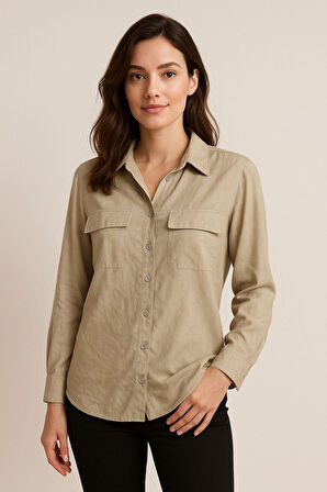 Kadın Bej Şifon Kol Gömlek - Düğmeli, Şık ve Zarif Tasarım | Günlük ve Ofis Kullanımına Uygun