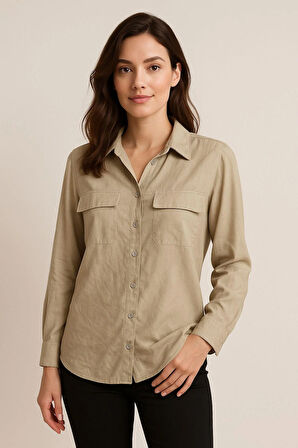 Kadın Bej Şifon Kol Gömlek - Düğmeli, Şık ve Zarif Tasarım | Günlük ve Ofis Kullanımına Uygun