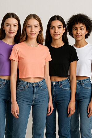 Kadın 4'lü Paket Oversize Crop Tişört %100 Pamuk Bisiklet Yaka T-Shirt