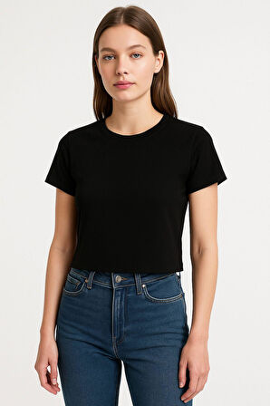 Kadın 4'lü Paket Oversize Crop Tişört %100 Pamuk Bisiklet Yaka T-Shirt