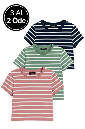 Kadın 3'lü Paket Yeşil-Pembe-Mavi Crop Tişört Pamuk Bisiklet Yaka T-Shirt