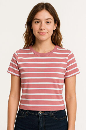 Kadın 3'lü Paket Yeşil-Pembe-Mavi Crop Tişört Pamuk Bisiklet Yaka T-Shirt