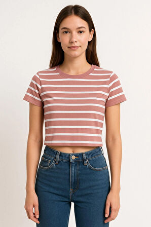 Kadın 3'lü Paket Yeşil-Pembe-Mavi Crop Tişört Pamuk Bisiklet Yaka T-Shirt