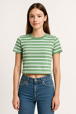 Kadın 3'lü Paket Yeşil-Pembe-Mavi Crop Tişört Pamuk Bisiklet Yaka T-Shirt