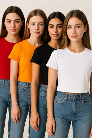 Kadın 4'lü Paket Oversize Crop Tişört %100 Pamuk Bisiklet Yaka T-Shirt