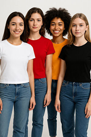 Kadın 4'lü Paket Oversize Crop Tişört %100 Pamuk Bisiklet Yaka T-Shirt