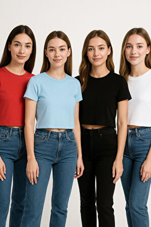 Kadın 4'lü Paket Oversize Crop Tişört %100 Pamuk Bisiklet Yaka T-Shirt