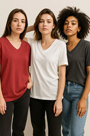 Kadın 3'lü Paket Antrasit-Beyaz-Kırmızı Oversize Tişört %100 Pamuk V Yaka T-Shirt