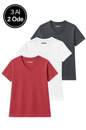 Kadın 3'lü Paket Antrasit-Beyaz-Pembe Oversize Tişört %100 Pamuk V Yaka T-Shirt