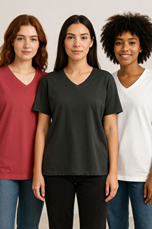 Kadın 3'lü Paket Antrasit-Beyaz-Pembe Oversize Tişört %100 Pamuk V Yaka T-Shirt