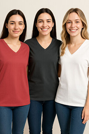 Kadın 3'lü Paket Antrasit-Beyaz-Pembe Oversize Tişört %100 Pamuk V Yaka T-Shirt