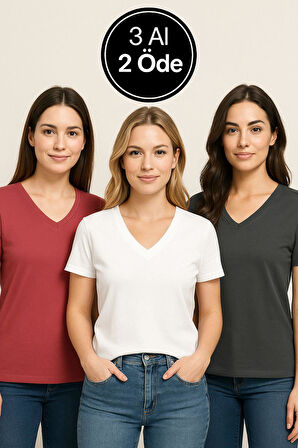 Kadın 3'lü Paket Antrasit-Beyaz-Pembe Oversize Tişört %100 Pamuk V Yaka T-Shirt