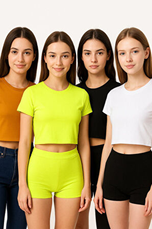 Kadın 4'lü Paket Oversize Crop Tişört %100 Pamuk Bisiklet Yaka T-Shirt