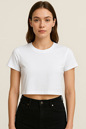 Kadın 4'lü Paket Oversize Crop Tişört %100 Pamuk Bisiklet Yaka T-Shirt