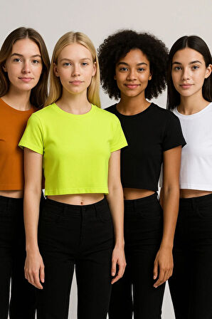 Kadın 4'lü Paket Oversize Crop Tişört %100 Pamuk Bisiklet Yaka T-Shirt