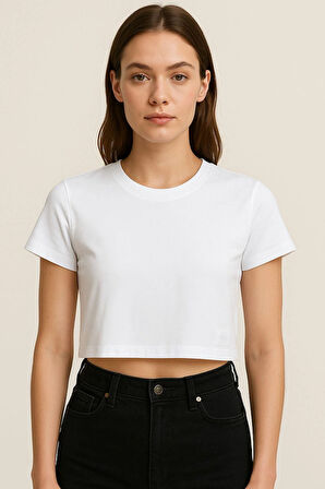 Kadın 4'lü Paket Oversize Crop Tişört %100 Pamuk Bisiklet Yaka T-Shirt