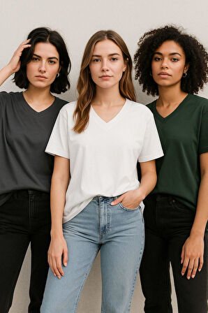 Kadın 3'lü Paket Antrasit-Beyaz-Haki Oversize Tişört %100 Pamuk V Yaka T-Shirt