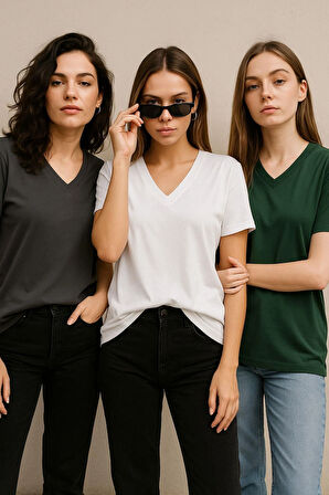 Kadın 3'lü Paket Antrasit-Beyaz-Haki Oversize Tişört %100 Pamuk V Yaka T-Shirt