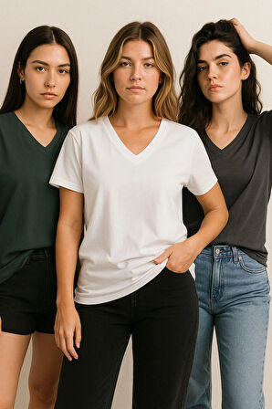 Kadın 3'lü Paket Antrasit-Beyaz-Haki Oversize Tişört %100 Pamuk V Yaka T-Shirt