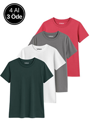 Kadın 4'lü Paket Antrasit-Beyaz-Gri-Pembe Oversize Tişört %100 Pamuk Bisiklet Yaka T-Shirt