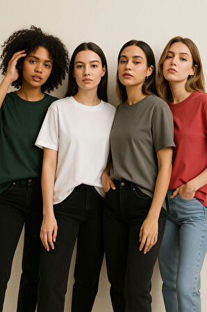 Kadın 4'lü Paket Antrasit-Beyaz-Gri-Pembe Oversize Tişört %100 Pamuk Bisiklet Yaka T-Shirt