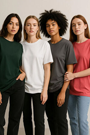 Kadın 4'lü Paket Antrasit-Beyaz-Gri-Pembe Oversize Tişört %100 Pamuk Bisiklet Yaka T-Shirt