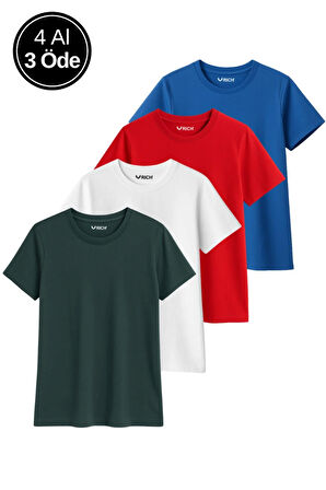 Kadın 4'lü Paket Antrasit-Beyaz-Kırmızı-Mavi Oversize Tişört %100 Pamuk Bisiklet Yaka T-Shirt