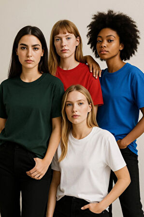 Kadın 4'lü Paket Antrasit-Beyaz-Kırmızı-Mavi Oversize Tişört %100 Pamuk Bisiklet Yaka T-Shirt