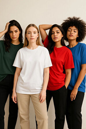 Kadın 4'lü Paket Antrasit-Beyaz-Kırmızı-Mavi Oversize Tişört %100 Pamuk Bisiklet Yaka T-Shirt