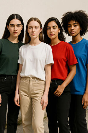 Kadın 4'lü Paket Antrasit-Beyaz-Kırmızı-Mavi Oversize Tişört %100 Pamuk Bisiklet Yaka T-Shirt