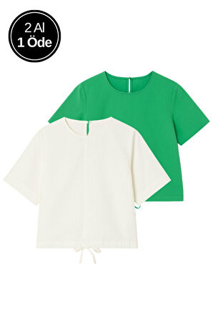 Kadın 2'li Paket Ekru-Yeşil Kısa Kollu T-Shirt Oversize %100 Pamuk Bisiklet Yaka Bluz Tişört