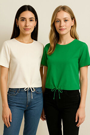 Kadın 2'li Paket Ekru-Yeşil Kısa Kollu T-Shirt Oversize %100 Pamuk Bisiklet Yaka Bluz Tişört