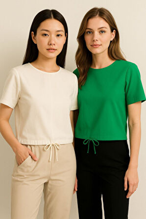 Kadın 2'li Paket Ekru-Yeşil Kısa Kollu T-Shirt Oversize %100 Pamuk Bisiklet Yaka Bluz Tişört